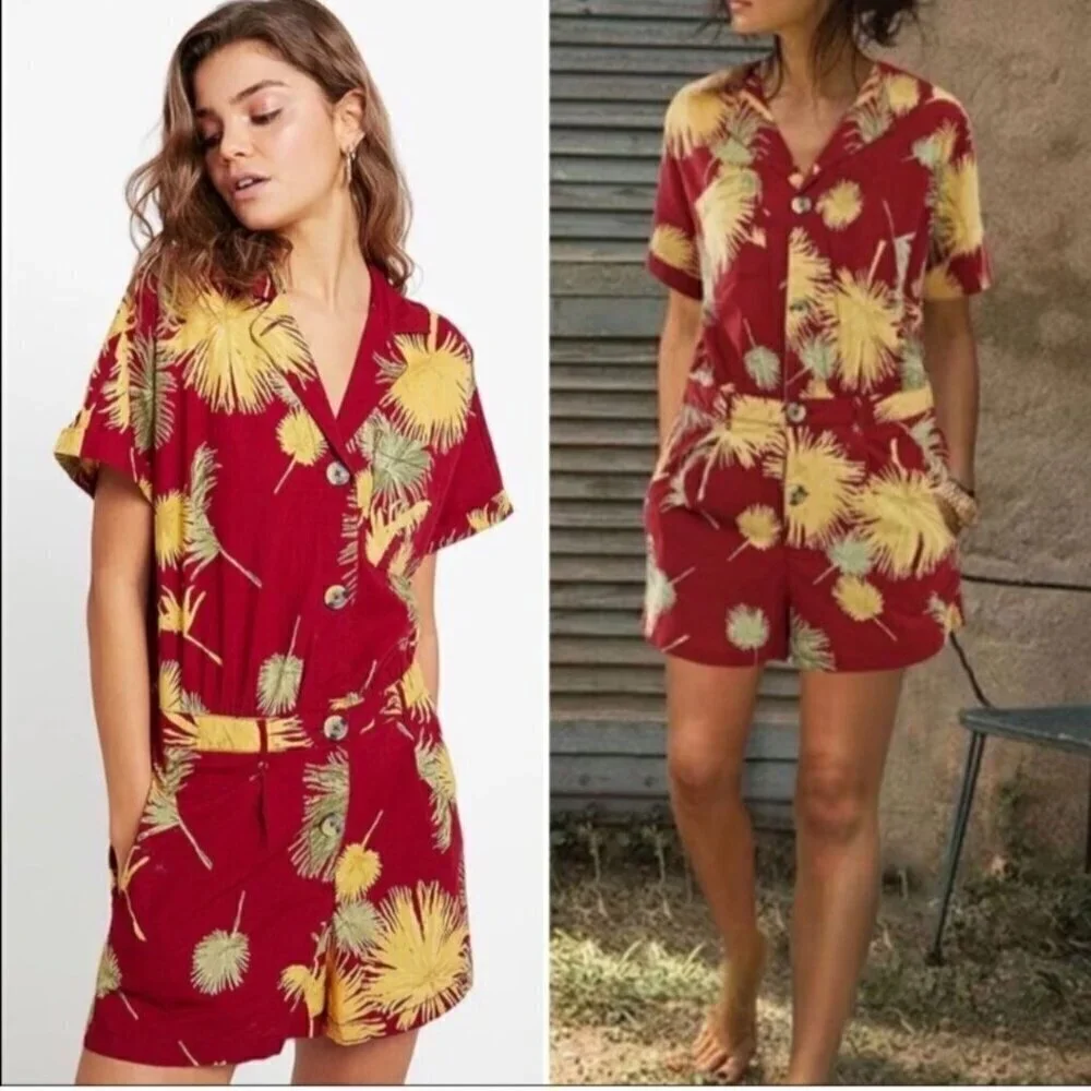 Free People Malibu Romper Red Tropical Print Size M